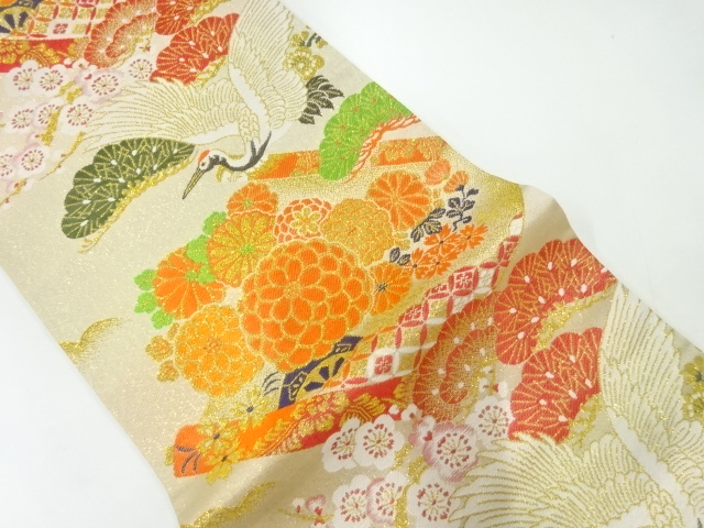 JAPANESE KIMONO / ANTIQUE MARU OBI / WOVEN CRANE & PINE & UME